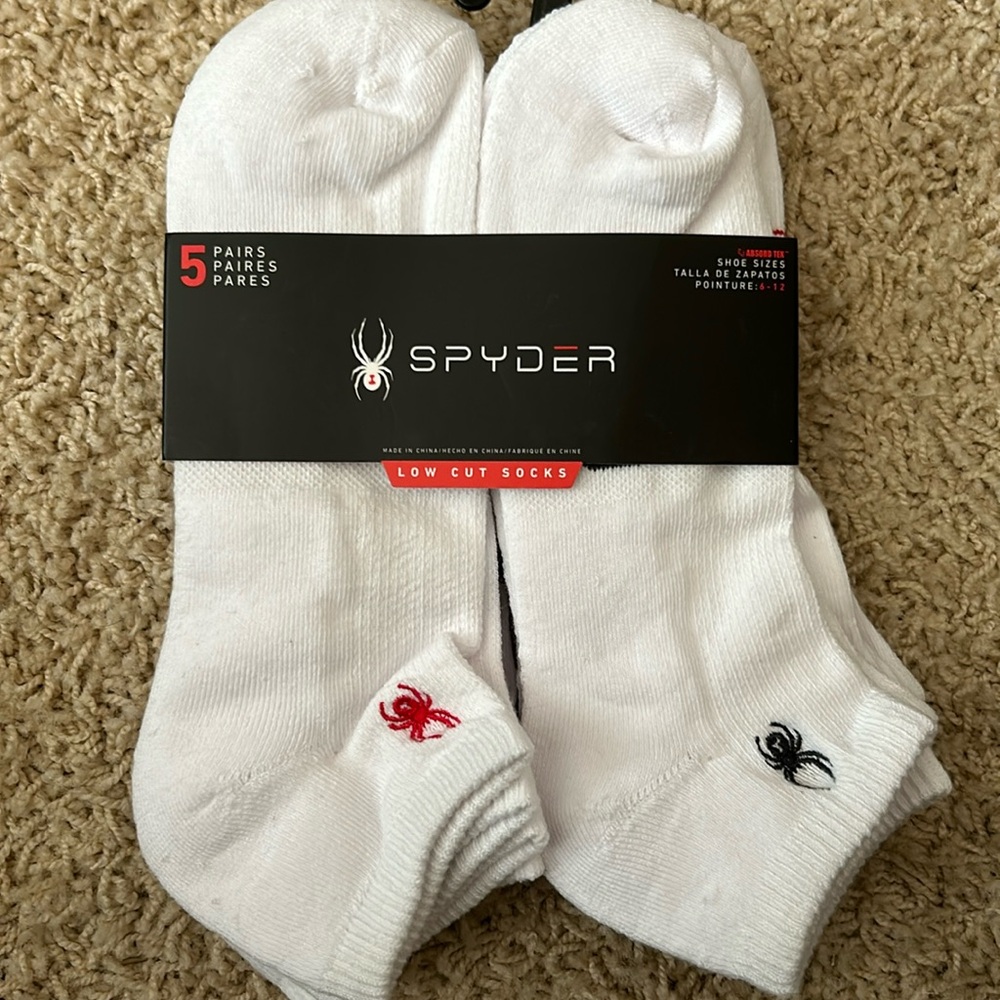 Spyder Men's Low Cut Athletic Socks 5 Pair Pack White Size 6-12 NWT